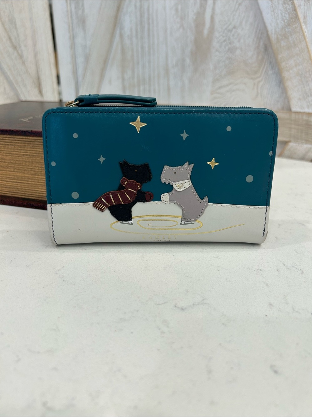 RADLEY LONDON Teal and White Wallet with Skating Dog Appliqué
